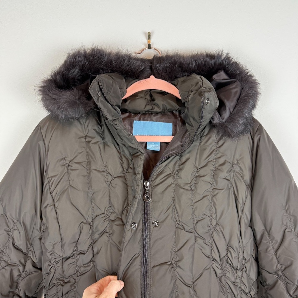 Nine West Brown Quilted Down Jacket Coat Rabbit‎ Fur Trim Hooded Size Medium - Picture 7 of 15